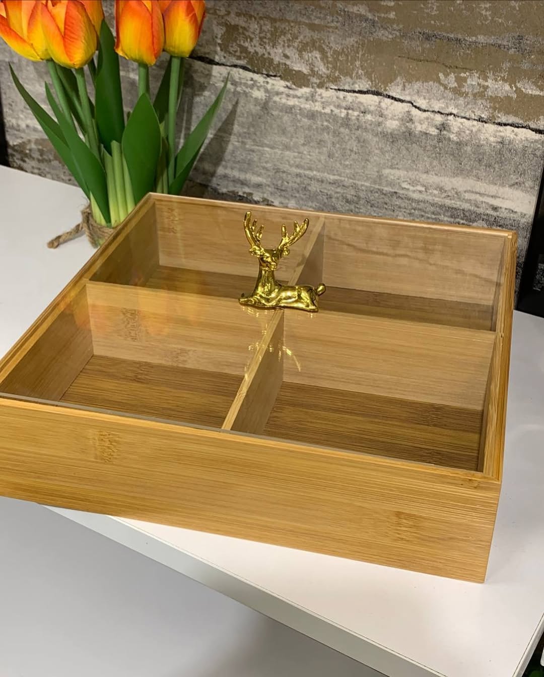 BAMBOO 4 PARTITION DRYFRUIT TRAY - Square