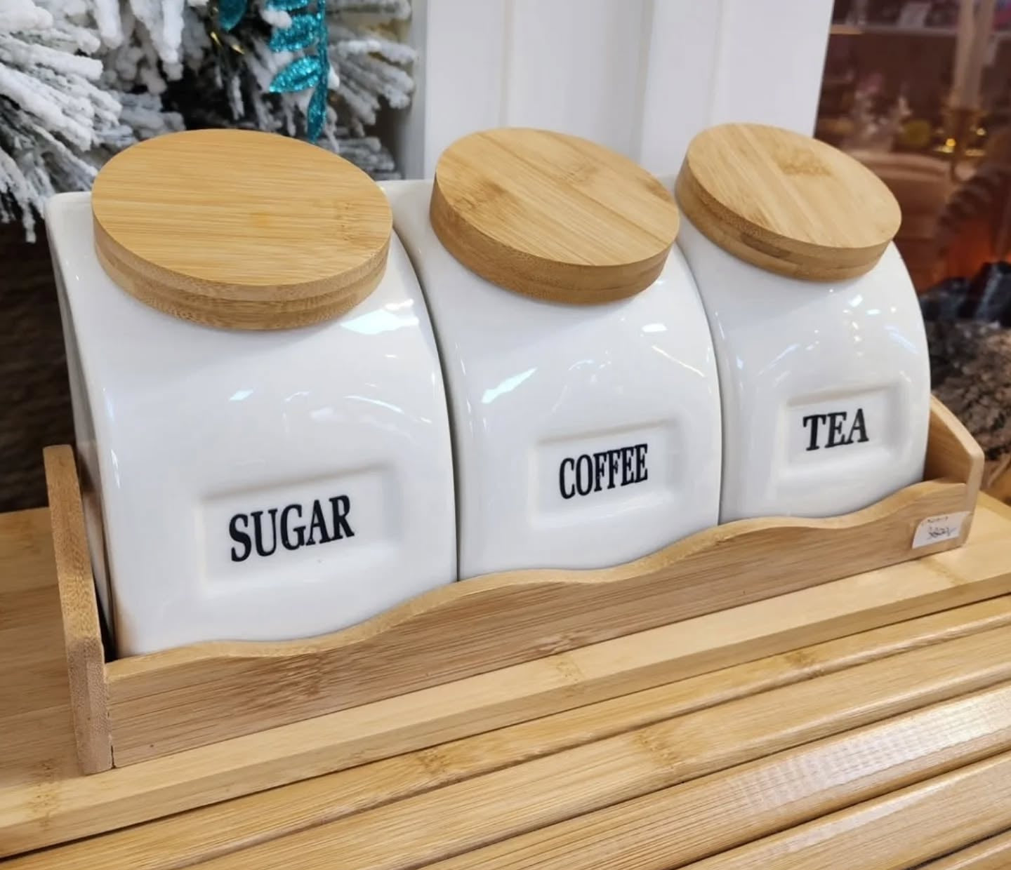 Ceramic Jar Trio with Bamboo Base