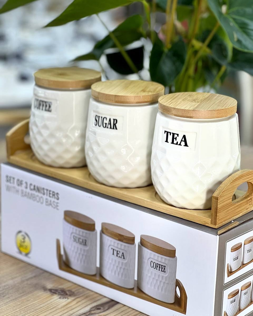Tea, Coffee & Sugar Jar Set with Bamboo Covers