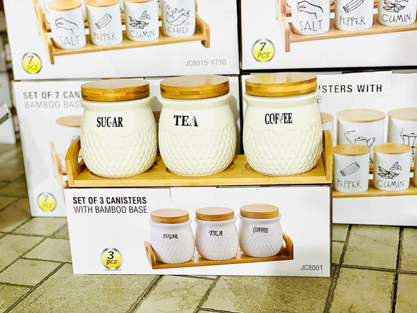 Tea, Coffee & Sugar Jar Set with Bamboo Covers