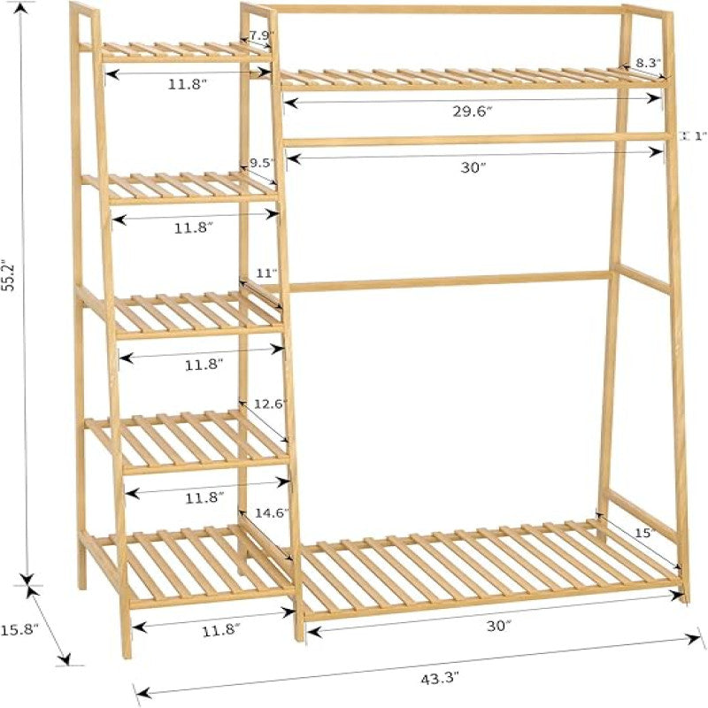 Bamboo Garment Rack with Shoe Shelf – Free Standing Closet Organizer