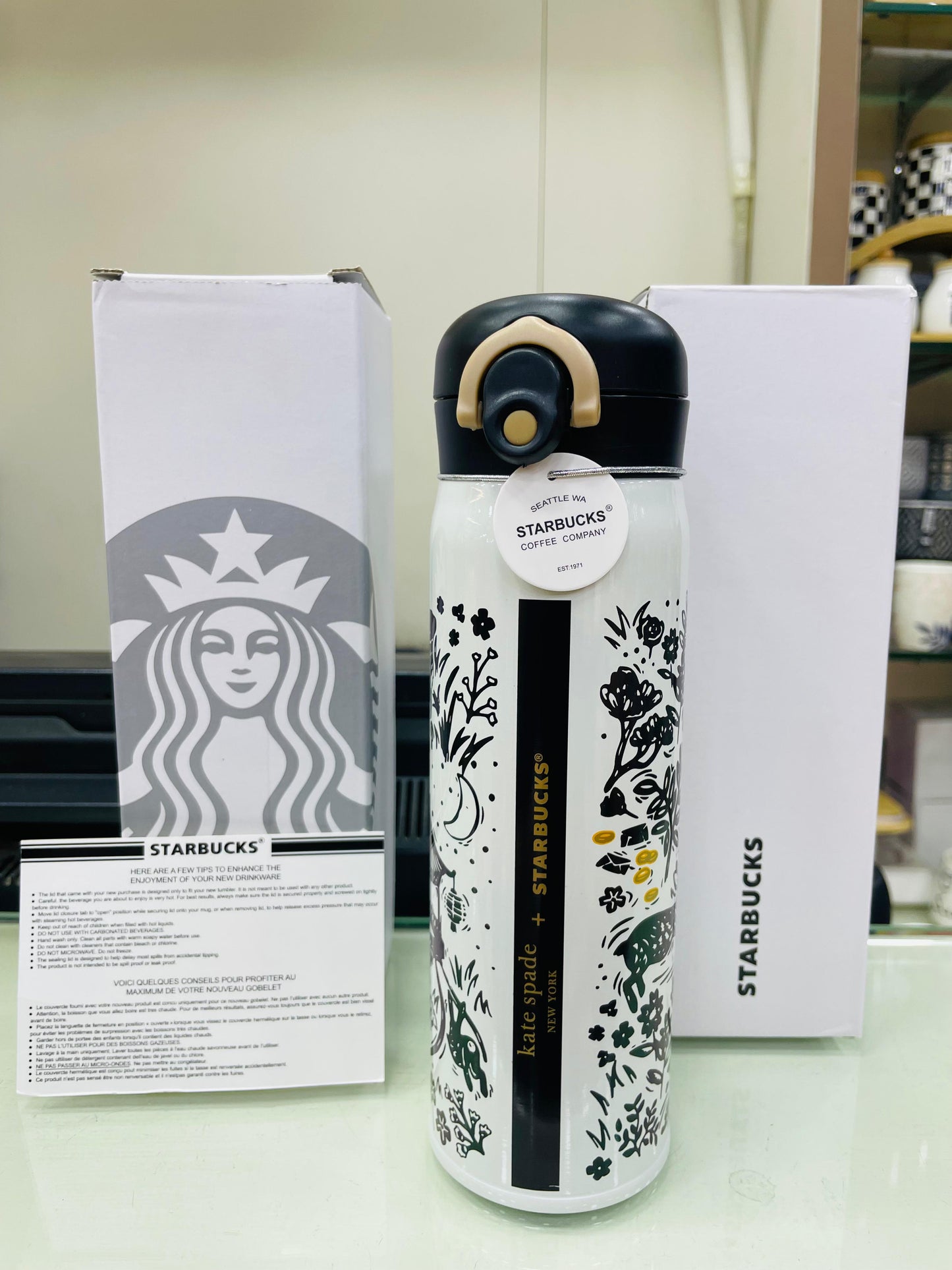 Starbucks Kate Spade Rabbit Thermos Bottle - White & Black - 500ml