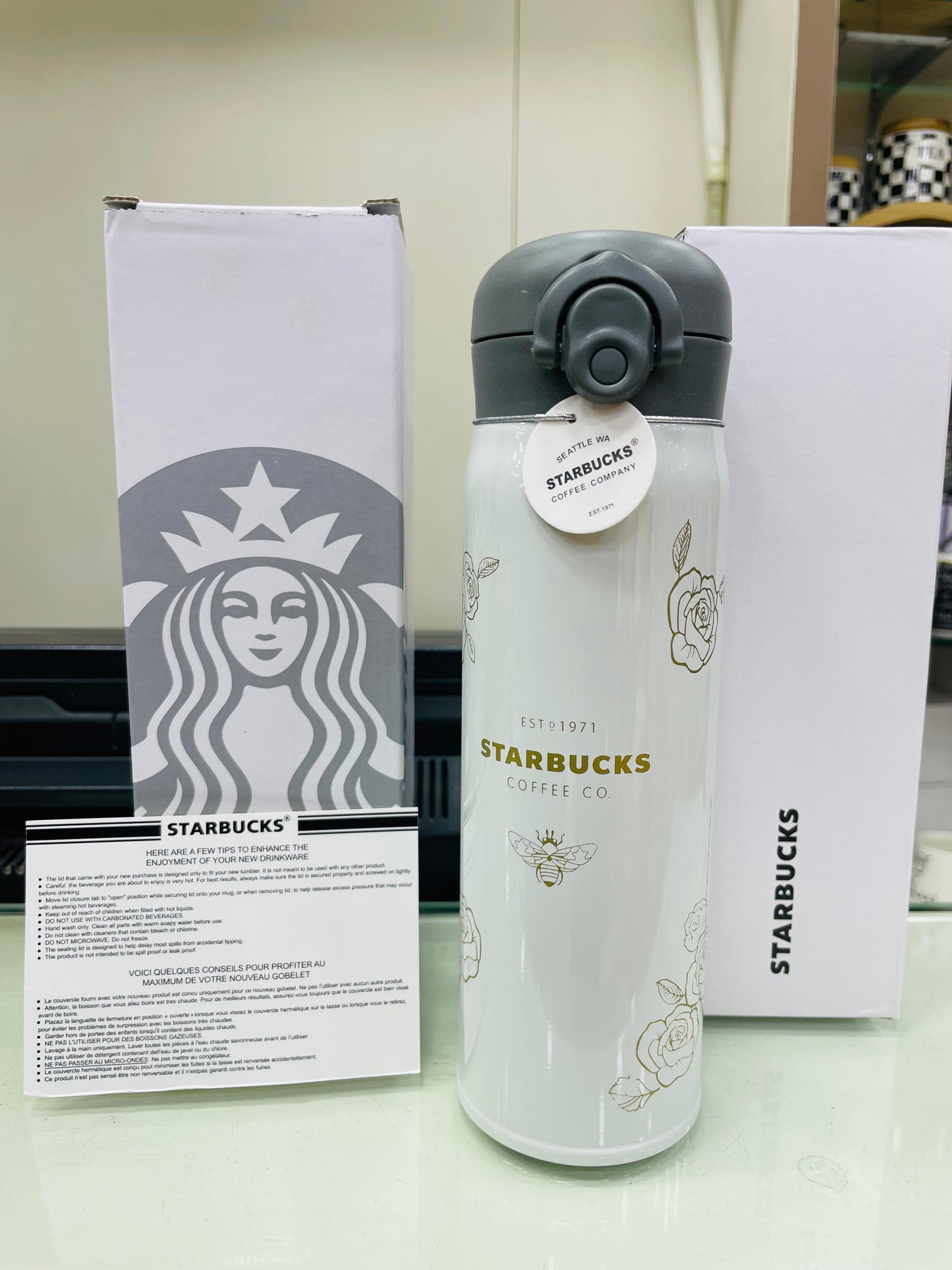 Starbucks Camellia Thermos Water Bottle - Off White - D-4
