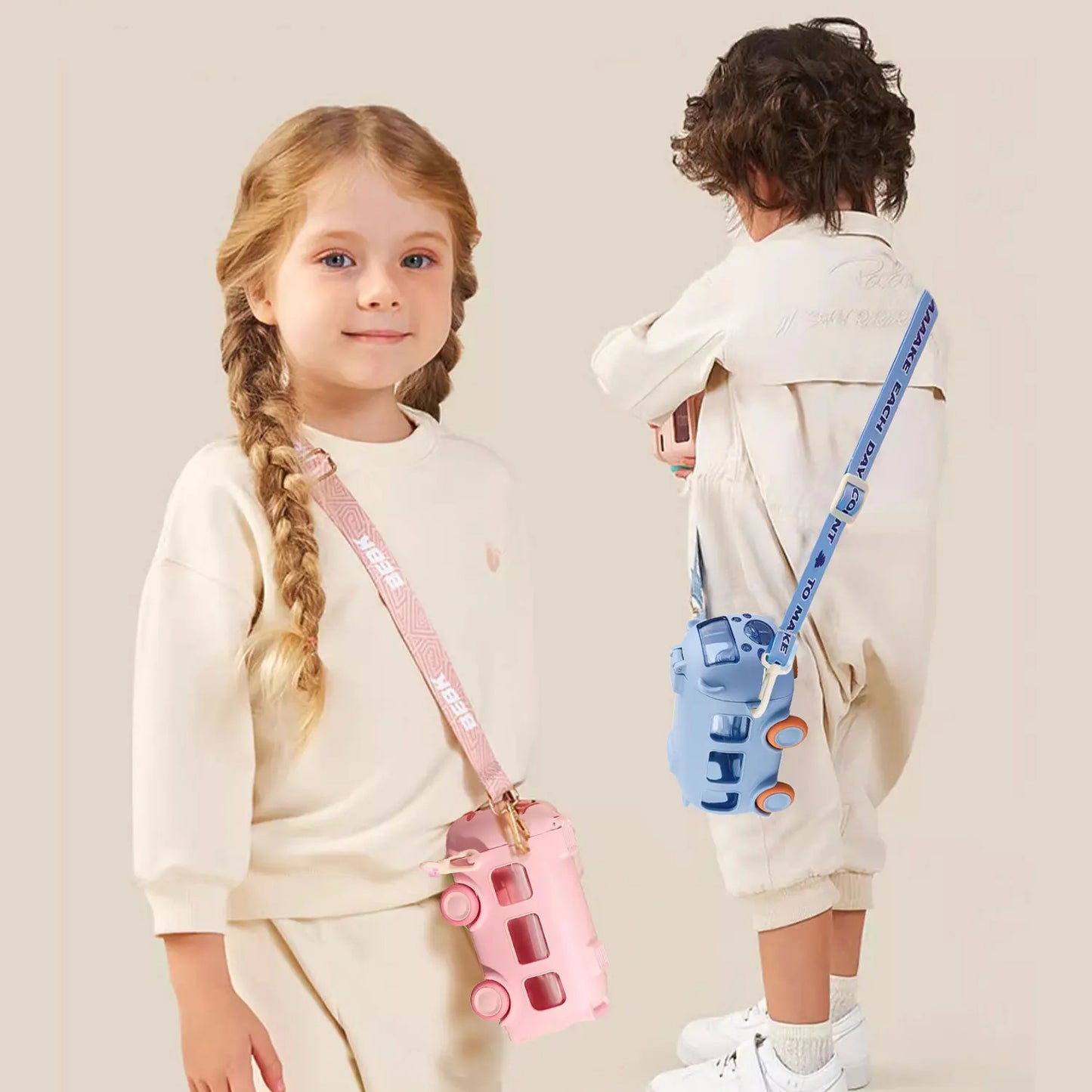 Portable Bus Water Bottle with Straw & Strap
