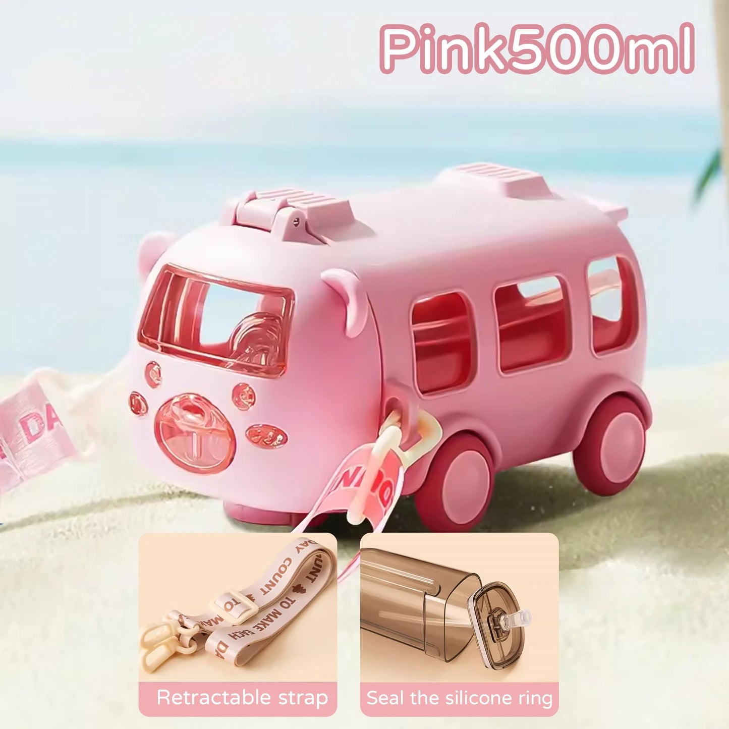 Portable Bus Water Bottle with Straw & Strap