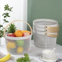 Round Mesh Metal Storage Fruit Basket With Wood Handle