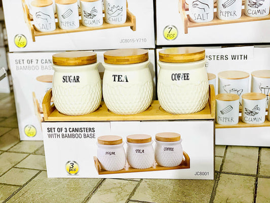 Tea, Coffee & Sugar Jar Set with Bamboo Covers