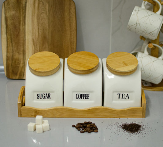 Ceramic Jar Trio with Bamboo Base