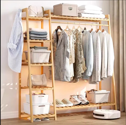 Bamboo Garment Rack with Shoe Shelf – Free Standing Closet Organizer