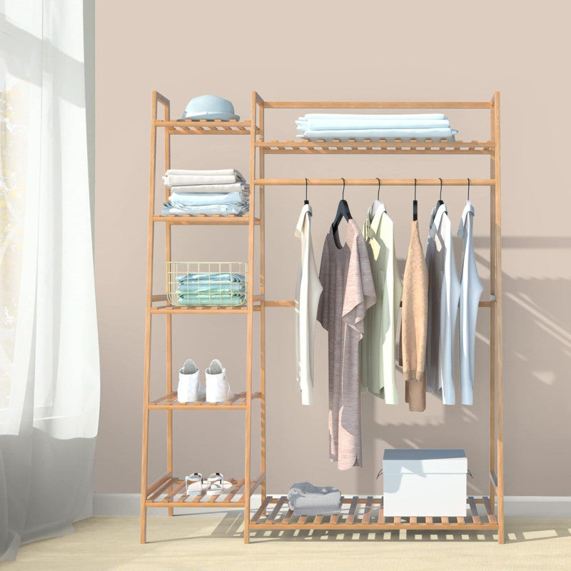 Bamboo Garment Rack with Shoe Shelf – Free Standing Closet Organizer