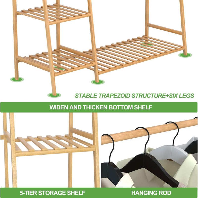 Bamboo Garment Rack with Shoe Shelf – Free Standing Closet Organizer