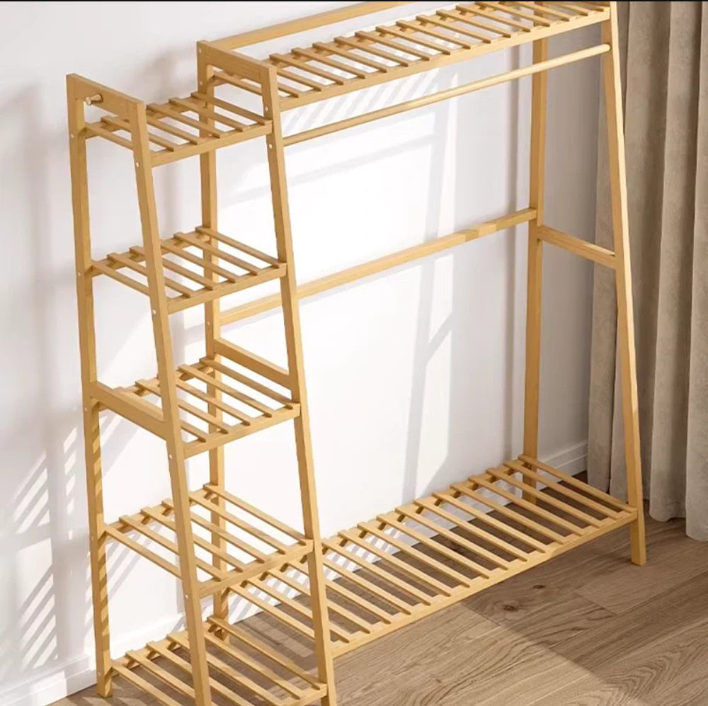 Bamboo Garment Rack with Shoe Shelf – Free Standing Closet Organizer