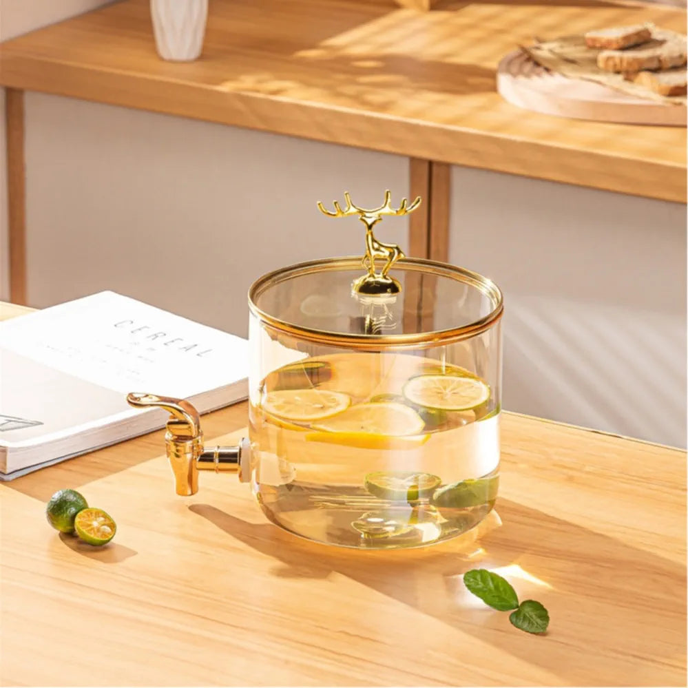 Glass Beverage Dispenser – Bamboo Base & Golden Deer Handle