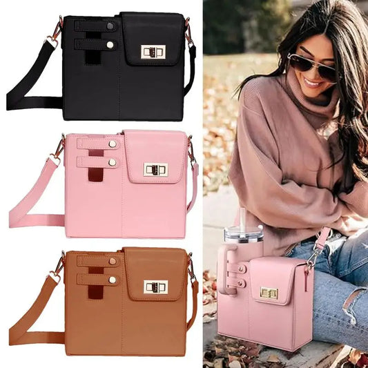Leather Crossbody Bag with Cup Holder