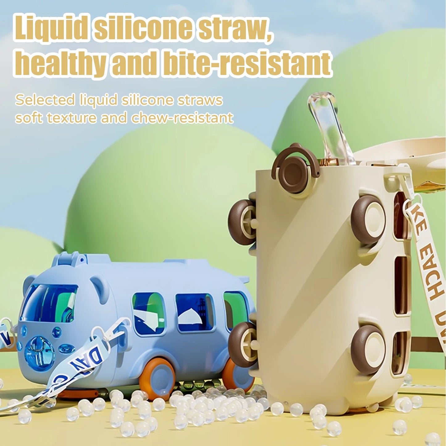 Portable Bus Water Bottle with Straw & Strap