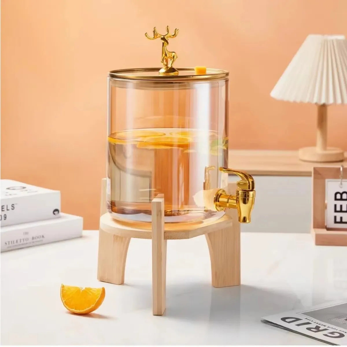 Glass Beverage Dispenser – Bamboo Base & Golden Deer Handle