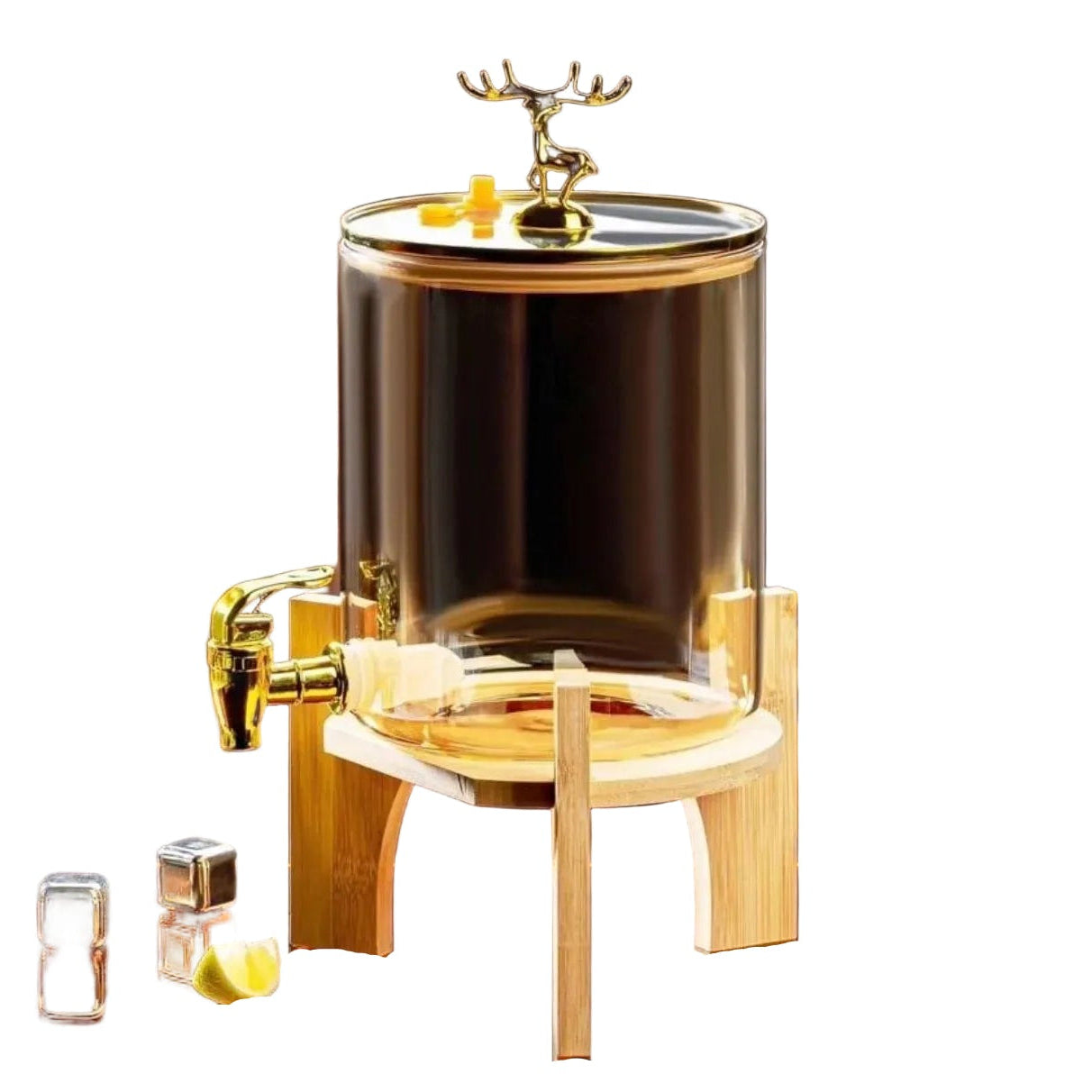 Glass Beverage Dispenser – Bamboo Base & Golden Deer Handle