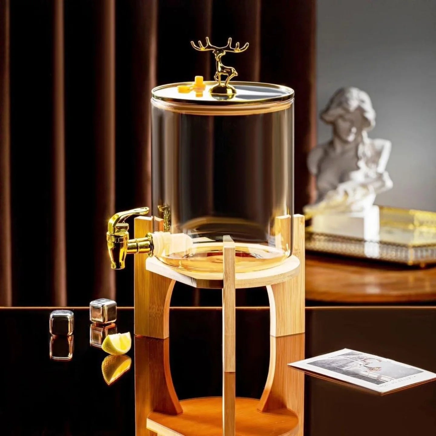 Glass Beverage Dispenser – Bamboo Base & Golden Deer Handle