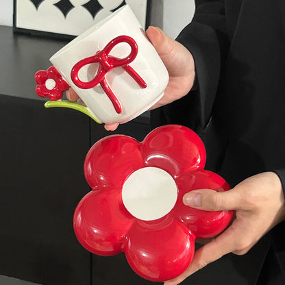 Elegant Floral Ceramic Coffee Cup with Bow & Display Stand