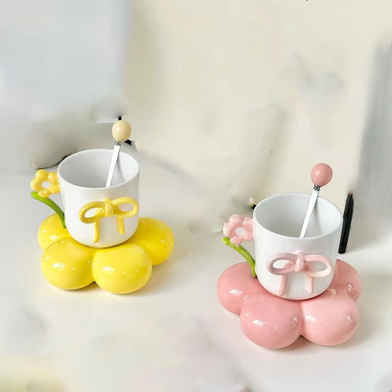 Elegant Floral Ceramic Coffee Cup with Bow & Display Stand