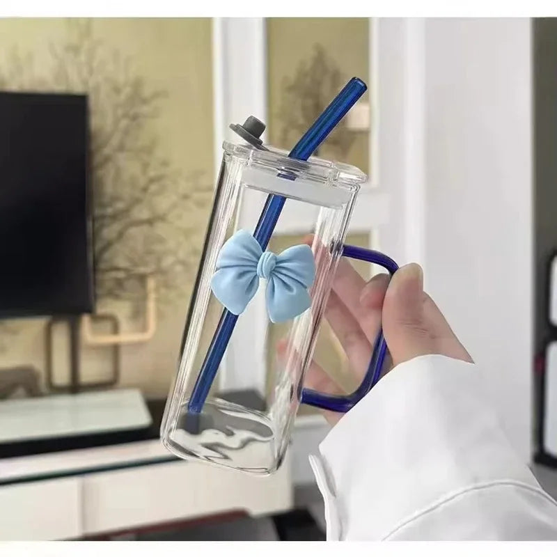Square Glass Tumbler with Double Bows & Straw – Elegant Drinkware