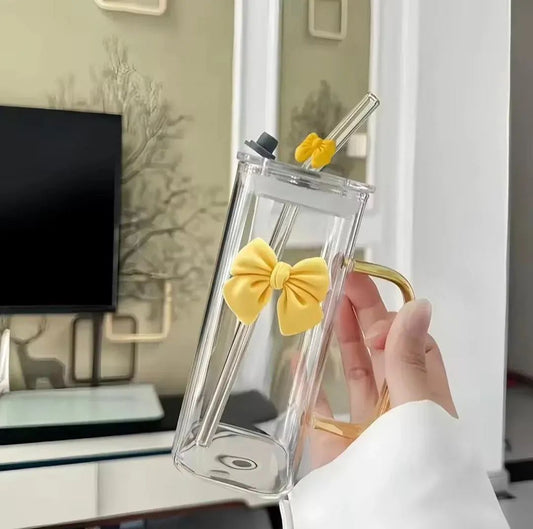 Square Glass Tumbler with Double Bows & Straw – Elegant Drinkware