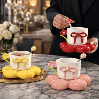 Elegant Floral Ceramic Coffee Cup with Bow & Display Stand