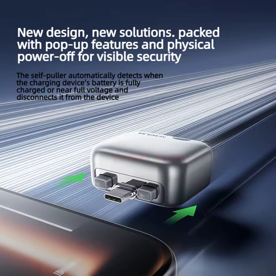 Portable USB-C Automatic Power-Off Charging Pops Up Device Physically Disconnects