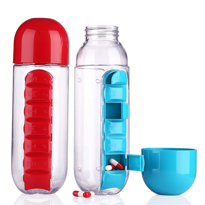 2 in 1 Water Bottle With Pill Organizer 600ml