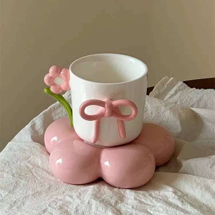 Elegant Floral Ceramic Coffee Cup with Bow & Display Stand