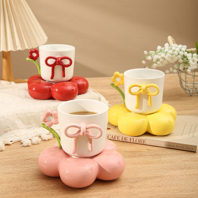 Elegant Floral Ceramic Coffee Cup with Bow & Display Stand